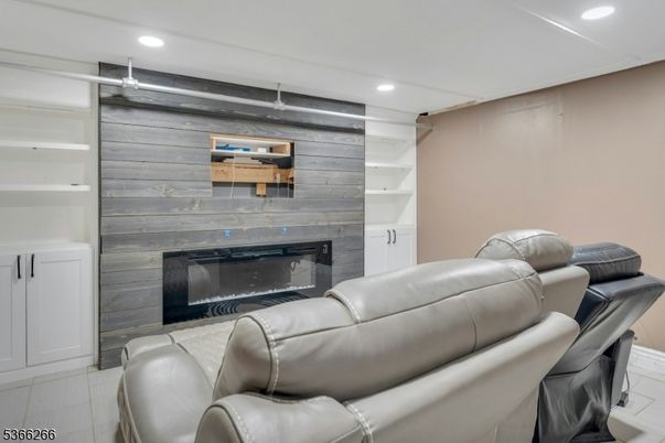 Fireplace, Interior, Living room, Recessed Lighting, Wooden Walls