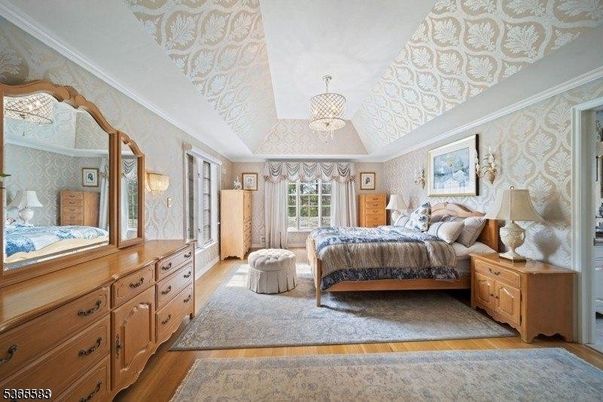 Bedroom, Chandelier, Interior, Wood Texture Flooring