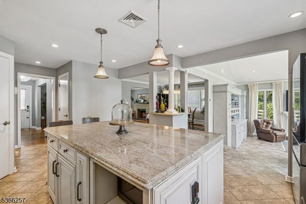Fireplace, Interior, Kitchen, Pendant Lights, Recessed Lighting