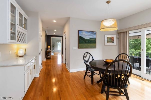 Dining room, Interior, Pendant Lights, Recessed Lighting, Wood Texture Flooring
