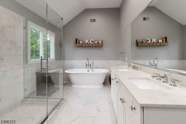 Bathroom, Dual Sink Vanities, Free Standing Baths, Glass Shower, Interior, Marble, Marble Walls