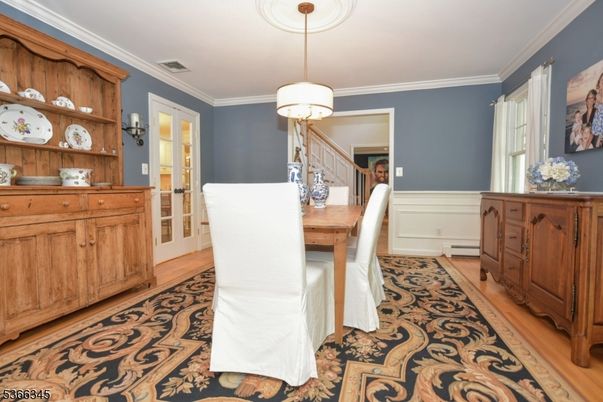 Dining room, Interior, Pendant Lights, Wood Texture Flooring