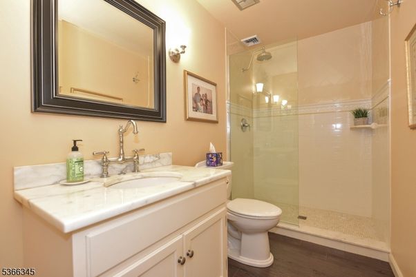 Bathroom, Glass Shower, Interior, Wood Texture Flooring