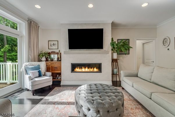 Fireplace, Interior, Living room, Recessed Lighting, Wood Texture Flooring