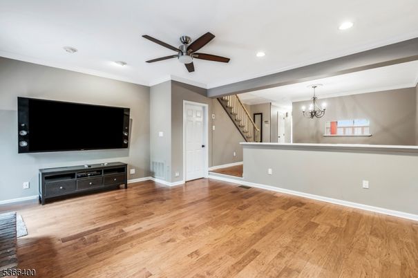 Chandelier, Empty room, Interior, Recessed Lighting, Wood Texture Flooring