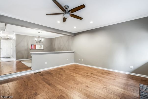 Chandelier, Empty room, Interior, Recessed Lighting, Wood Texture Flooring