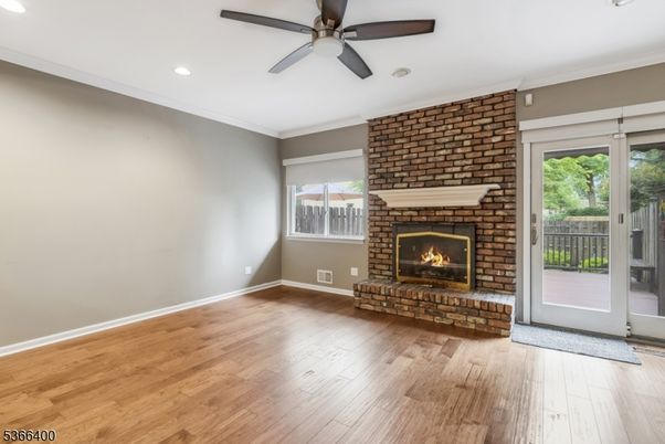 Empty room, Fireplace, Interior, Recessed Lighting, Wood Texture Flooring