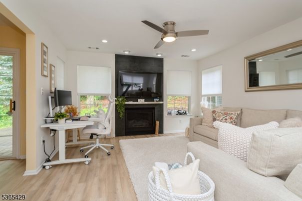 Fireplace, Home Office, Interior, Living room, Recessed Lighting, Wood Texture Flooring