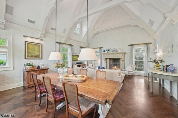 Dining room, Fireplace, Interior, Living room, Wood Texture Flooring