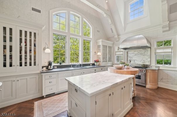 Interior, Kitchen, Marble Walls, Stainless Steel Appliances, Wood Texture Flooring