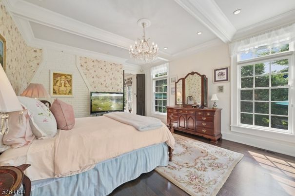 Bedroom, Chandelier, Interior, Recessed Lighting, Wood Texture Flooring