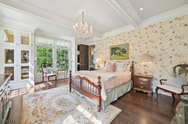 Bedroom, Chandelier, Interior, Recessed Lighting, Wood Texture Flooring