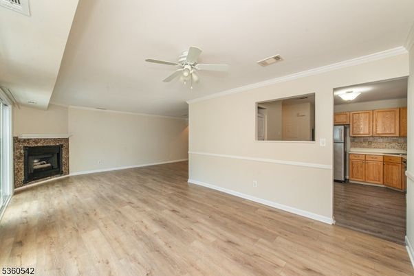 Empty room, Fireplace, Interior, Kitchen, Wood Texture Flooring