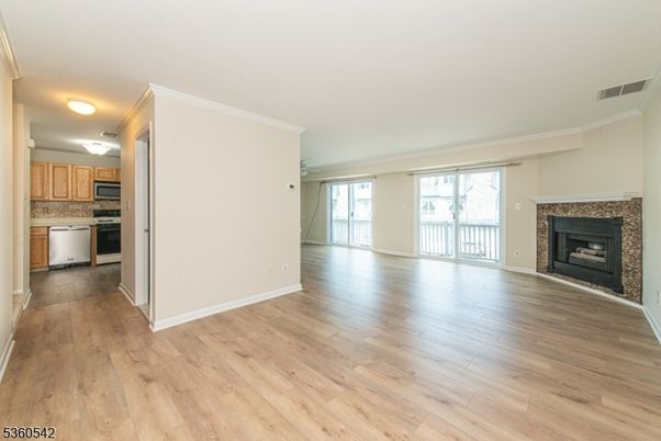Empty room, Fireplace, Interior, Kitchen, Wood Texture Flooring