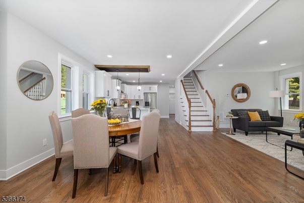 Dining room, Interior, Kitchen, Living room, Pendant Lights, Recessed Lighting, Stainless Steel Appliances, Wood Texture Flooring