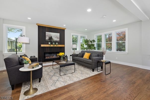 Fireplace, Interior, Living room, Recessed Lighting, Wood Texture Flooring