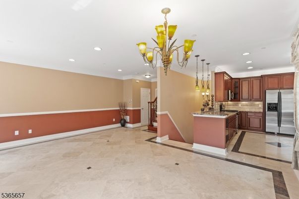 Chandelier, Interior, Kitchen, Pendant Lights, Recessed Lighting, Stainless Steel Appliances