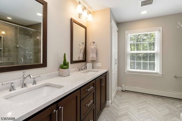 Bathroom, Dual Sink Vanities, Glass Shower, Interior, Recessed Lighting, Wood Texture Flooring