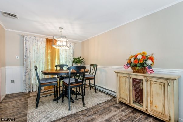Dining room, Interior, Pendant Lights, Wood Texture Flooring