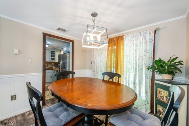 Dining room, Interior, Pendant Lights, Wood Texture Flooring
