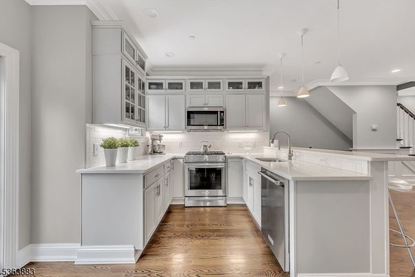Interior, Kitchen, Pendant Lights, Recessed Lighting, Stainless Steel Appliances, Wood Texture Flooring