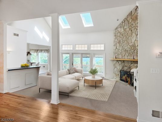 Fireplace, Interior, Living room, Stone Walls, Water, Wood Texture Flooring