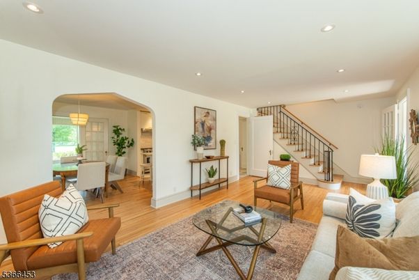 Dining room, Interior, Living room, Pendant Lights, Recessed Lighting, Wood Texture Flooring