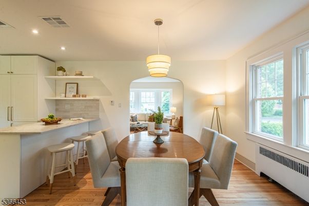 Dining room, Interior, Pendant Lights, Recessed Lighting, Wood Texture Flooring