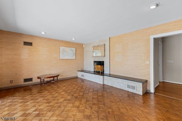 Fireplace, Interior, Recessed Lighting, Wood Texture Flooring, Wooden Walls