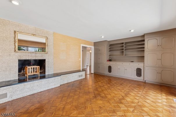 Empty room, Fireplace, Interior, Recessed Lighting, Wood Texture Flooring