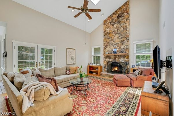 Fireplace, Interior, Living room, Recessed Lighting, Stone Walls