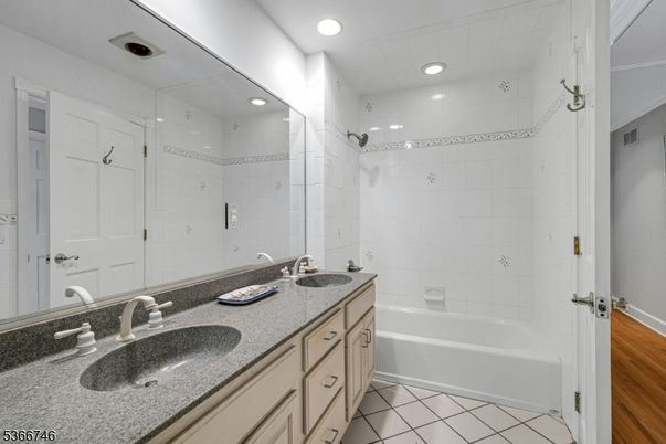 Bathroom, Dual Sink Vanities, Interior, Recessed Lighting, Wood Texture Flooring