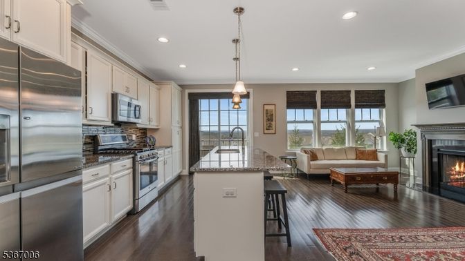 Fireplace, Interior, Kitchen, Living room, Pendant Lights, Recessed Lighting, Stainless Steel Appliances, Wood Texture Flooring