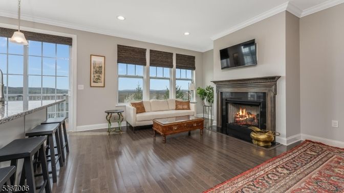 Fireplace, Interior, Living room, Pendant Lights, Recessed Lighting, Wood Texture Flooring