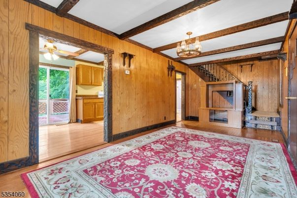 Chandelier, Empty room, Interior, Wooden Beams, Wood Texture Flooring, Wooden Walls