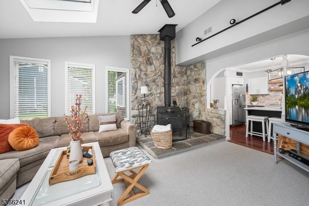 Fireplace, Interior, Kitchen, Living room, Pendant Lights, Stone Walls, Wood Texture Flooring