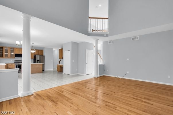 Chandelier, Interior, Kitchen, Stainless Steel Appliances, Wood Texture Flooring