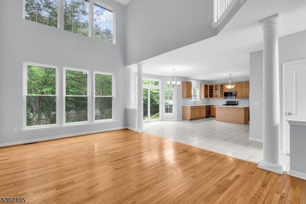 Chandelier, Empty room, Interior, Kitchen, Pendant Lights, Wood Texture Flooring