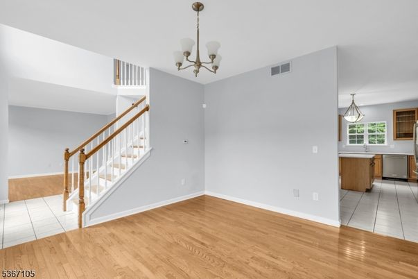 Chandelier, Empty room, Interior, Kitchen, Pendant Lights, Wood Texture Flooring
