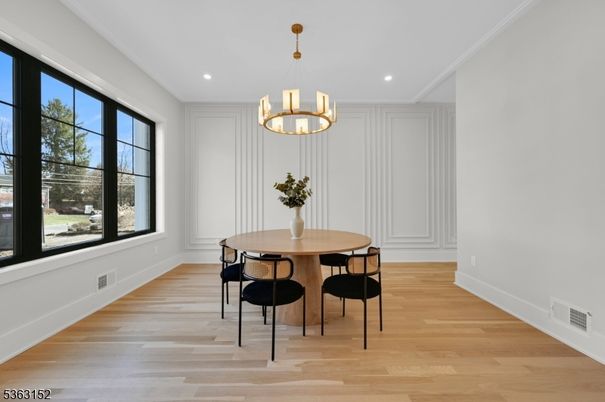 Dining room, Interior, Pendant Lights, Recessed Lighting, Wood Texture Flooring