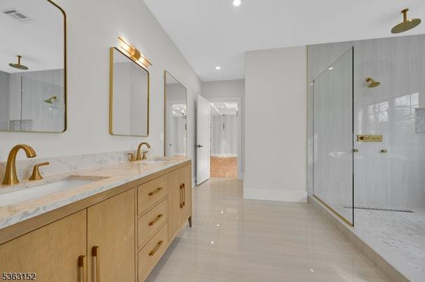 Bathroom, Dual Sink Vanities, Glass Shower, Interior, Recessed Lighting