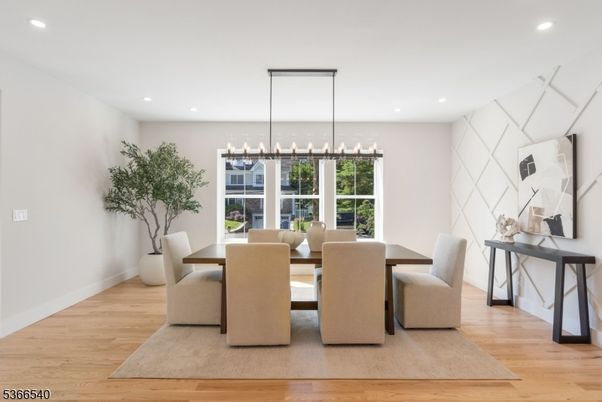 Dining room, Interior, Pendant Lights, Recessed Lighting, Wood Texture Flooring