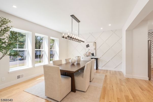 Dining room, Interior, Pendant Lights, Recessed Lighting, Wood Texture Flooring