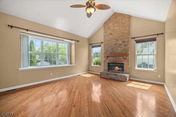 Empty room, Fireplace, Interior, Stone Walls, Wood Texture Flooring