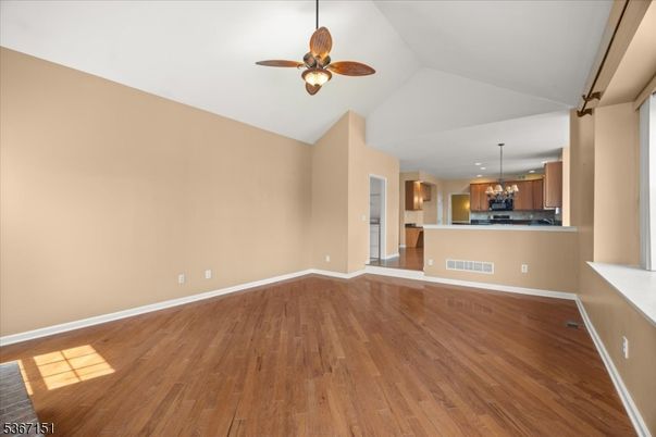 Empty room, Interior, Kitchen, Pendant Lights, Recessed Lighting, Wood Texture Flooring
