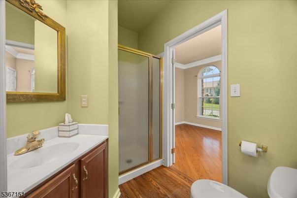 Bathroom, Glass Shower, Interior, Wood Texture Flooring