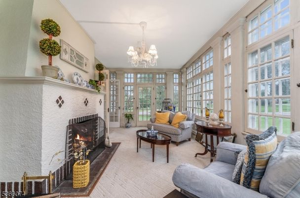 Chandelier, Fireplace, Interior, Living room