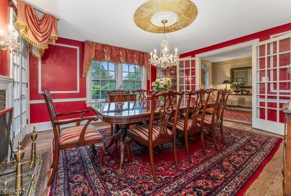 Chandelier, Dining room, Interior, Wood Texture Flooring