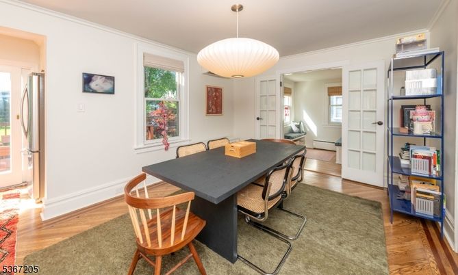 Dining room, Interior, Pendant Lights, Wood Texture Flooring