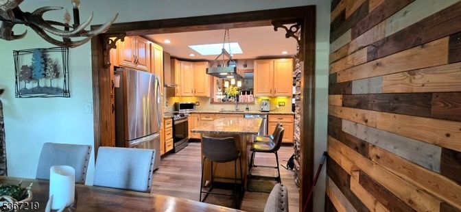Interior, Kitchen, Pendant Lights, Recessed Lighting, Stainless Steel Appliances, Wooden Beams, Wood Texture Flooring